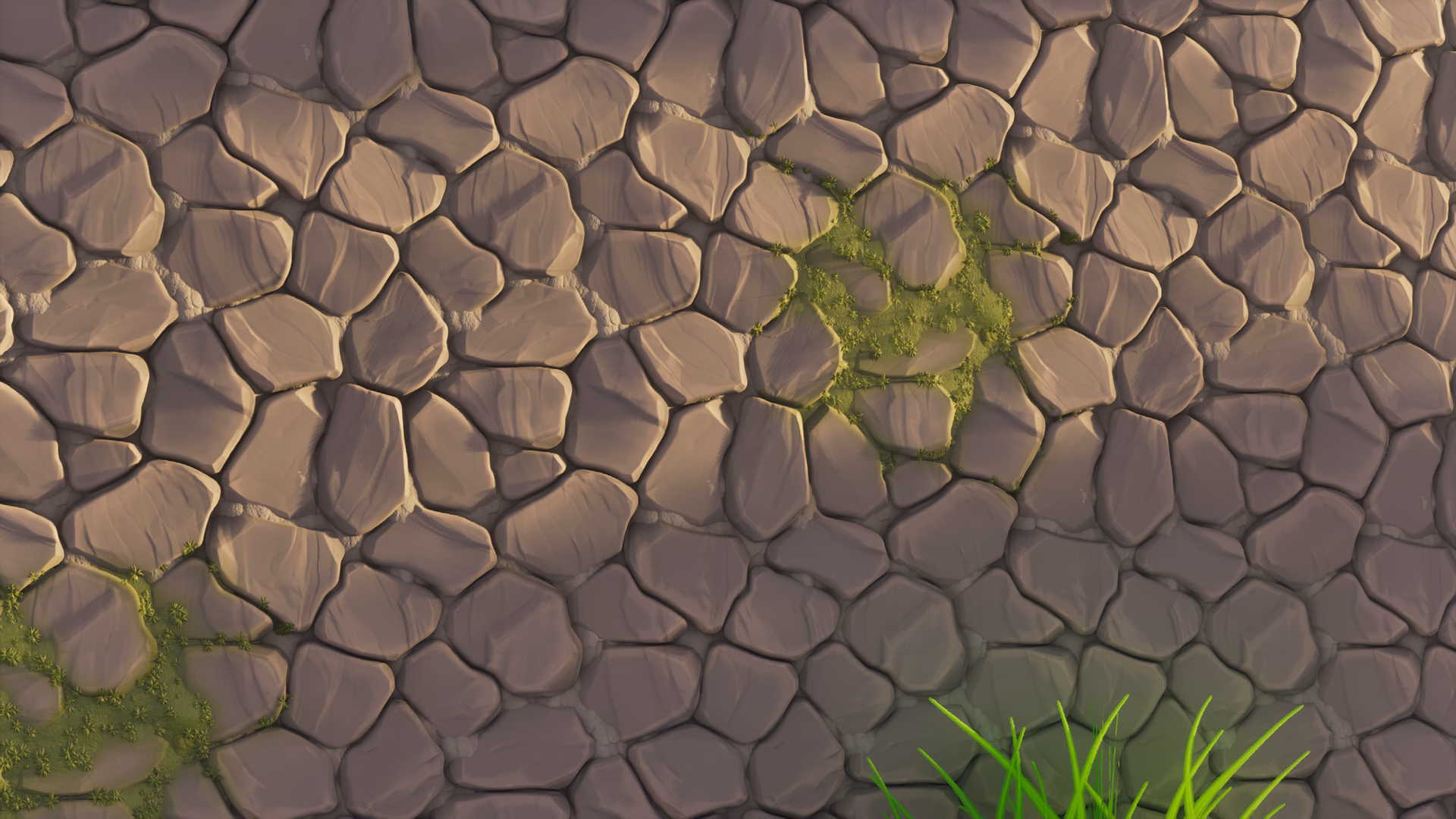 A cobblestone wall showcased using stylista, showing off the parallax occlusion mapping and smoothness of the textures.